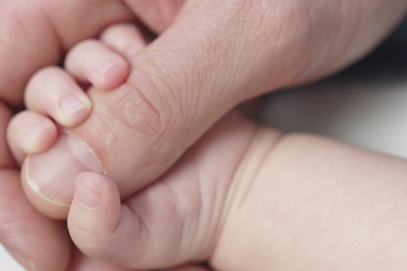 Mano de un bebé sosteniendo el dedo de su madre